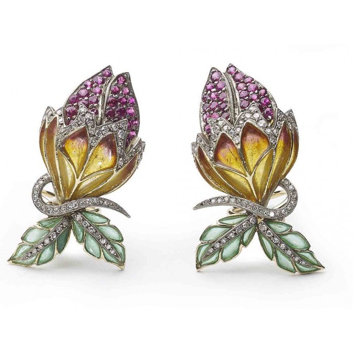 Enamel, Ruby and Diamond Flower Bud Earrings