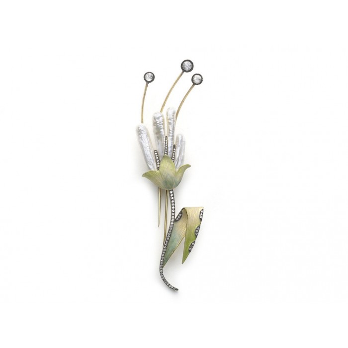 Modern Mississippi Pearl Diamond Enamel Gold and Silver Flower Brooch