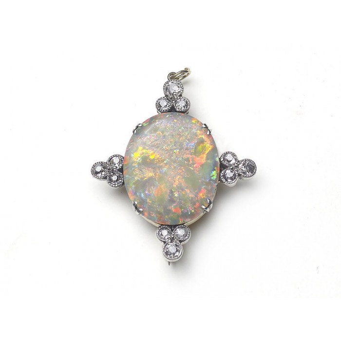Antique Opal and Diamond Brooch Silver Upon Gold Circa 1900
