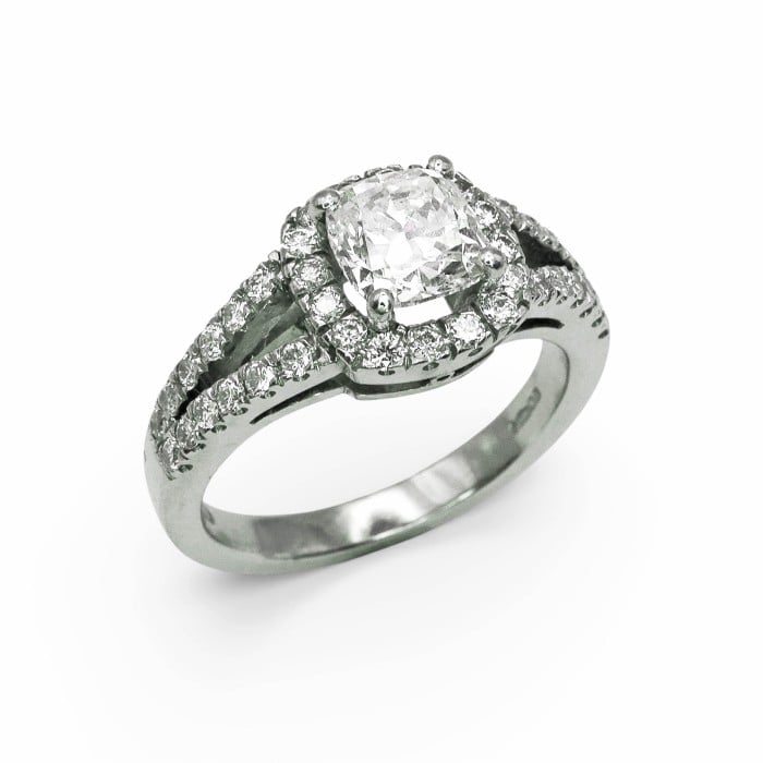 1.01ct D SI1 Cushion Diamond and Platinum Cluster Ring