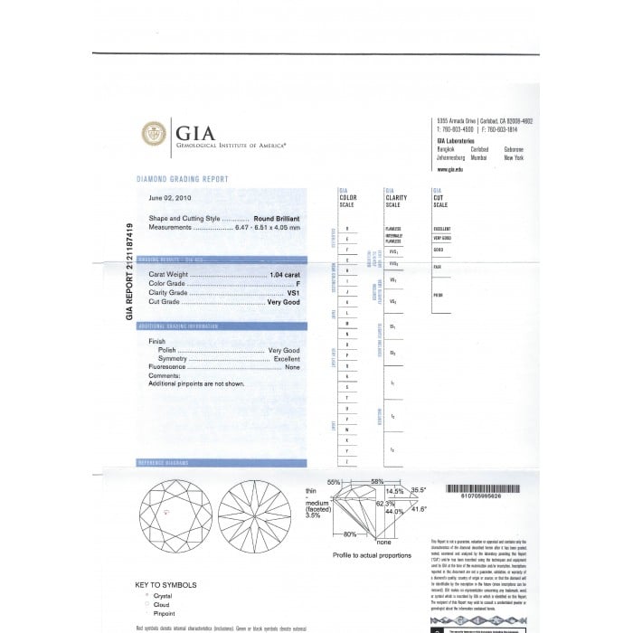 1.04ct F VS1 Brilliant-Cut Diamond Platinum Ring with GIA Certificate