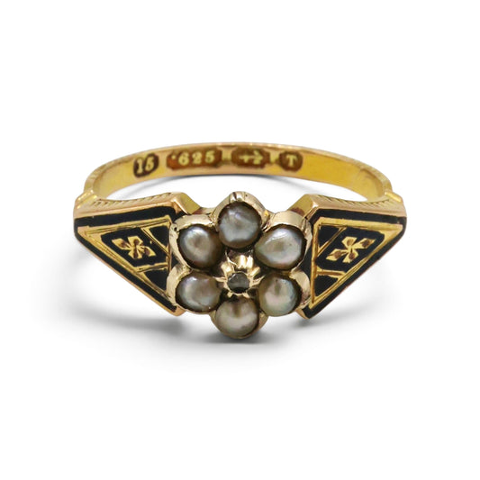 Victorian 15ct Gold, Pearl and Enamel Mourning Ring, 1868