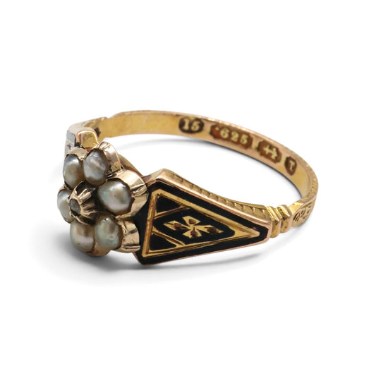 Victorian 15ct Gold, Pearl and Enamel Mourning Ring, 1868