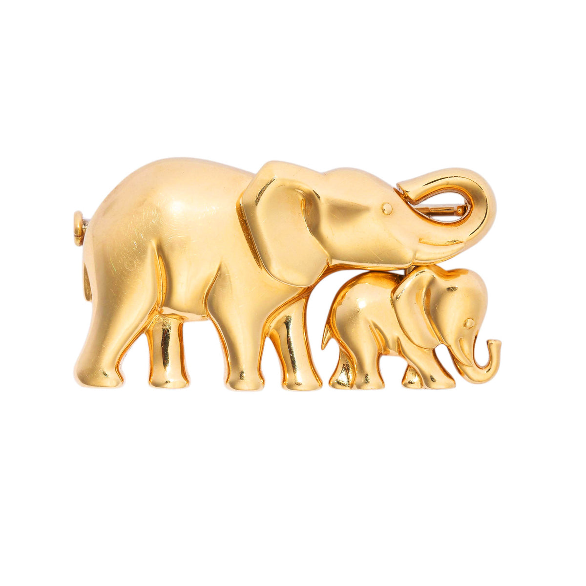 A vintage Cartier 18ct yellow gold, mother and calf elephant brooch, featuring two stylised, geometric, dome shaped elephants, with the calf closely coupled to the mother, on a shepherd's hook. The can be worn as a separate pendant, signed Cartier.