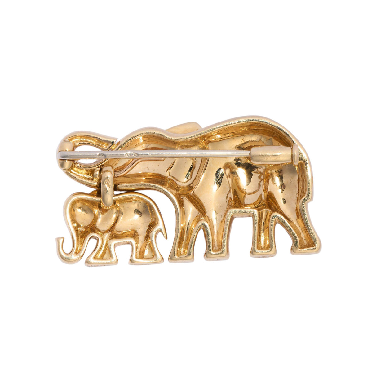 A vintage Cartier 18ct yellow gold, mother and calf elephant brooch, featuring two stylised, geometric, dome shaped elephants, with the calf closely coupled to the mother, on a shepherd's hook. The can be worn as a separate pendant, signed Cartier.