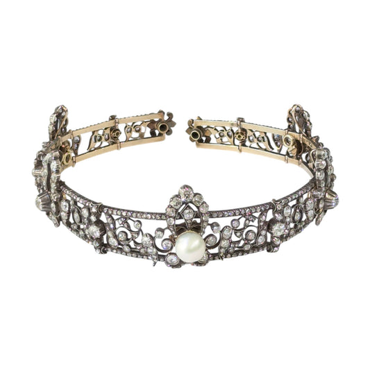 Antique Diamond Natural Pearl and Silver-Upon-Gold Diadem Necklace, Circa 1880