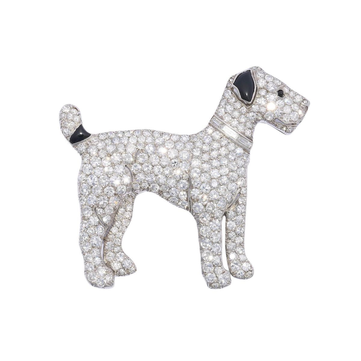A diamond set terrier dog brooch with black onyx details, in platinum