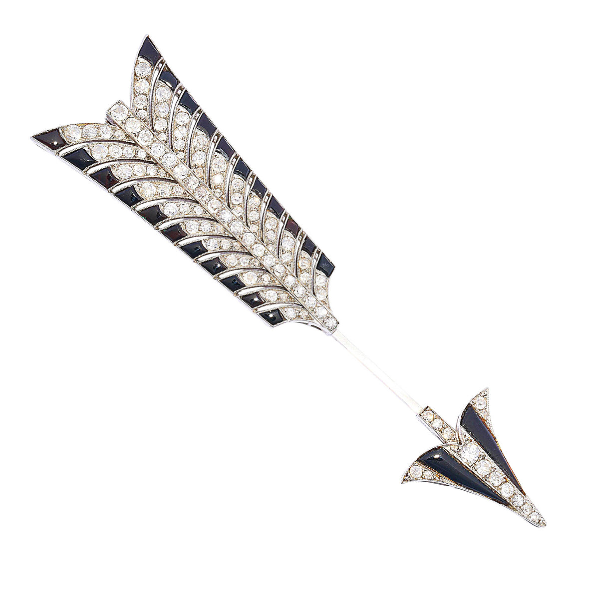 A black onyx and diamond ornate arrow jabot pin brooch, in platinum