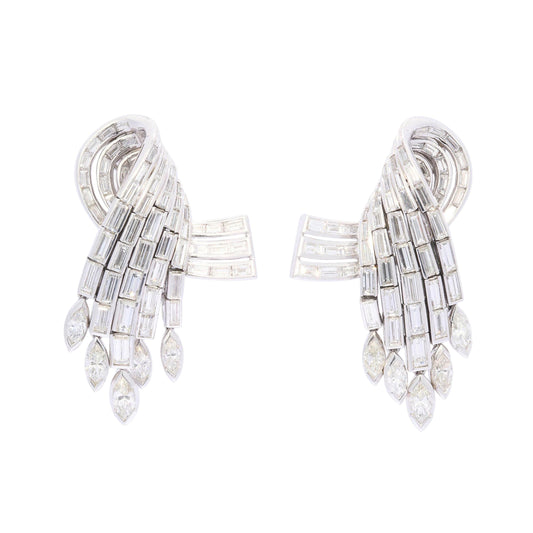 A pair of Art Deco design baguette cut and marquise cut diamond cocktail earrings in platinum