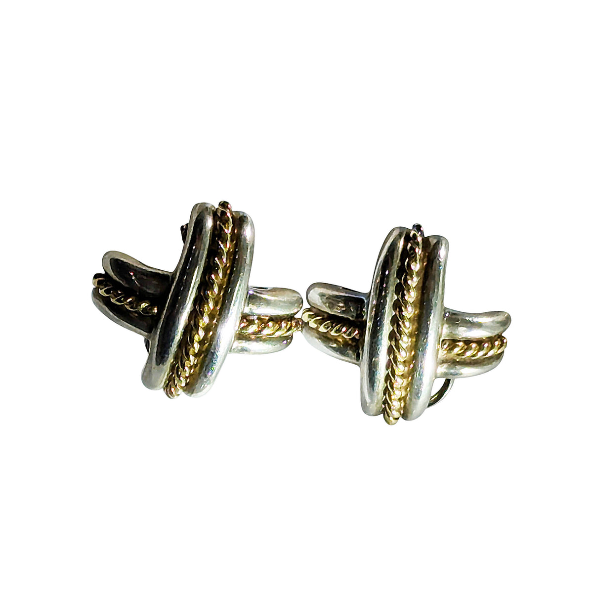 A pair of silver and yellow gold rope cross stud earrings
