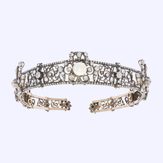 Antique Diamond Natural Pearl and Silver-Upon-Gold Diadem Necklace, Circa 1880