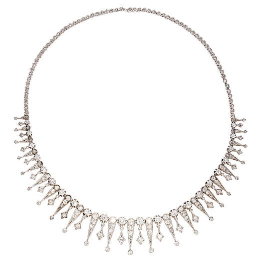 Antique French Old Cut Diamond and Silver Upon Gold Fringe Necklace, Circa 1880