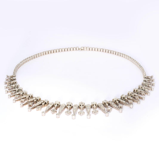 Antique French Old Cut Diamond and Silver Upon Gold Fringe Necklace, Circa 1880
