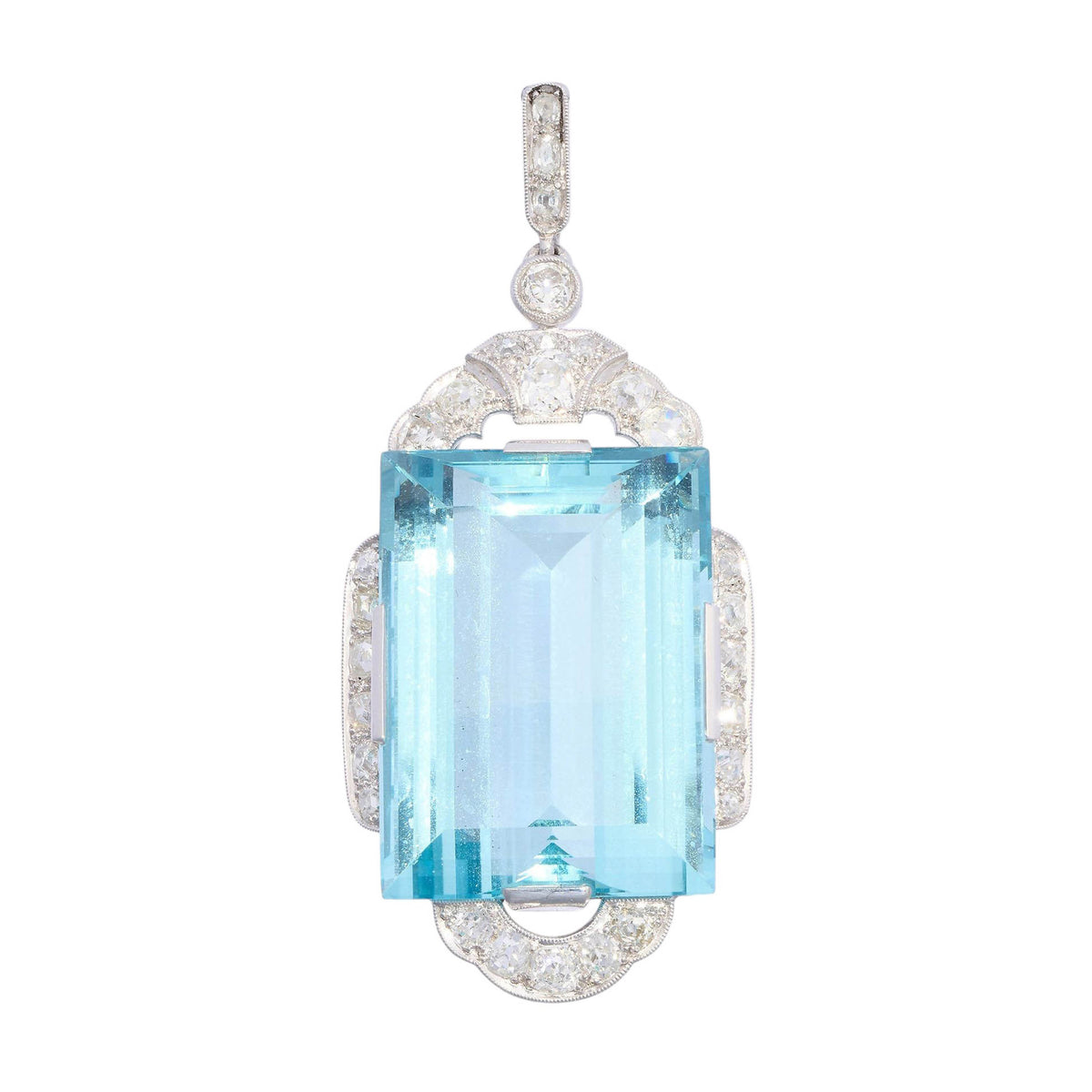 An Art Deco large rectangular aquamarine and diamond pendant in platinum