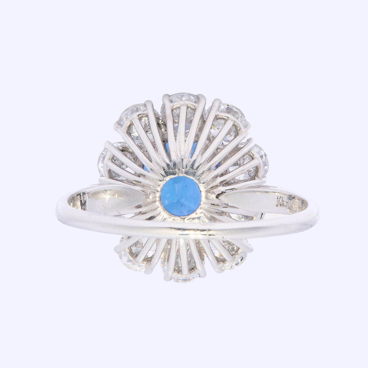An oval sapphire and round diamond claw set cluster ring in platinum
