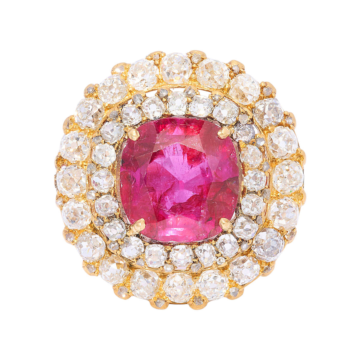 Antique Ruby Diamond and 18ct Yellow Gold Double Row Target Cluster Ring, Circa 1850
