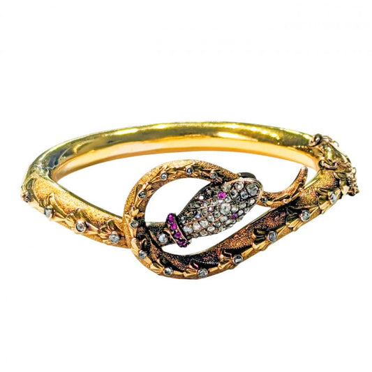 Antique 14ct Yellow Gold Diamond and Ruby Snake Bangle, Circa 1890
