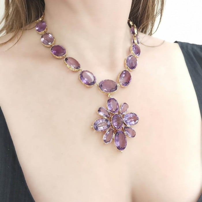 Antique Amethyst and Gold Riviére Necklace and Cross Pendant, Circa 1880