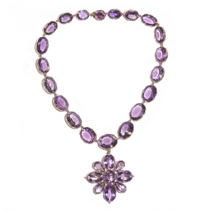 Antique Amethyst and Gold Riviére Necklace and Cross Pendant, Circa 1880