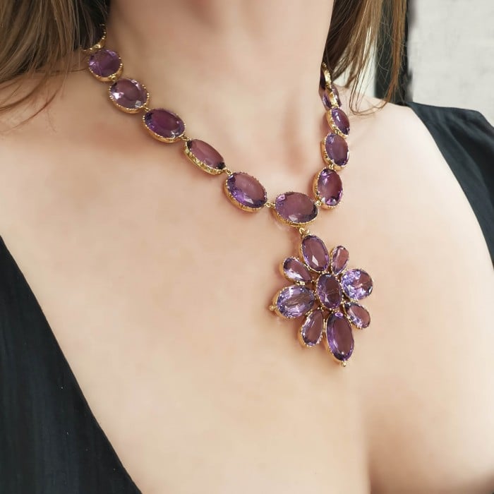 Antique Amethyst and Gold Riviére Necklace and Cross Pendant, Circa 1880
