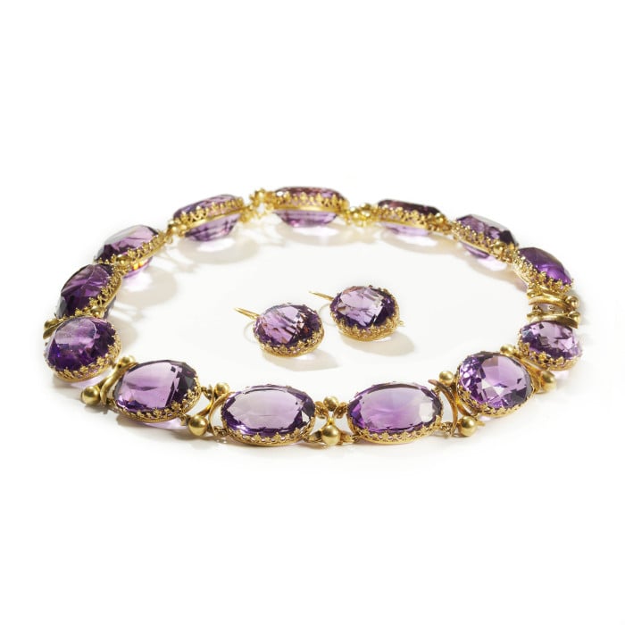 Antique Amethyst and Gold Riviére Necklace and Earrings Suite, Circa 1880