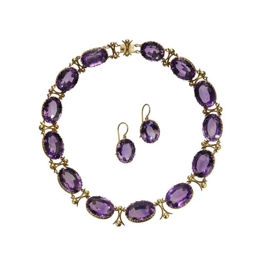 Antique Amethyst and Gold Riviére Necklace and Earrings Suite, Circa 1880