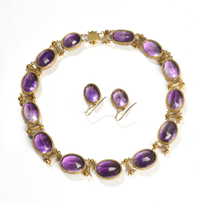 Antique Amethyst and Gold Riviére Necklace and Earrings Suite, Circa 1880