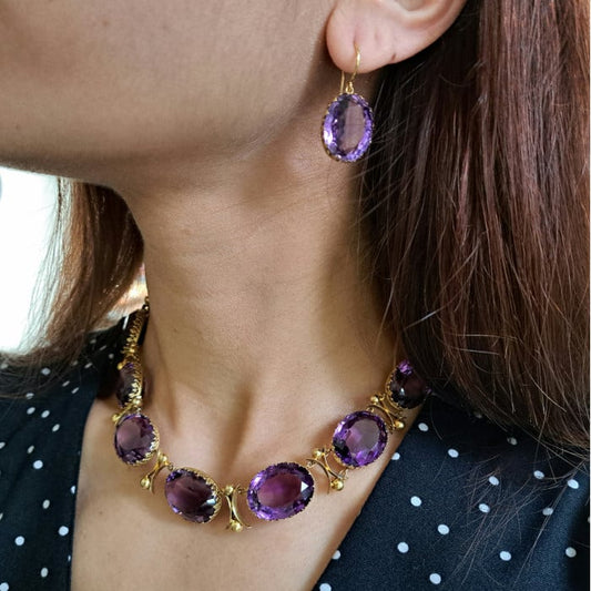Antique Amethyst and Gold Riviére Necklace and Earrings Suite, Circa 1880