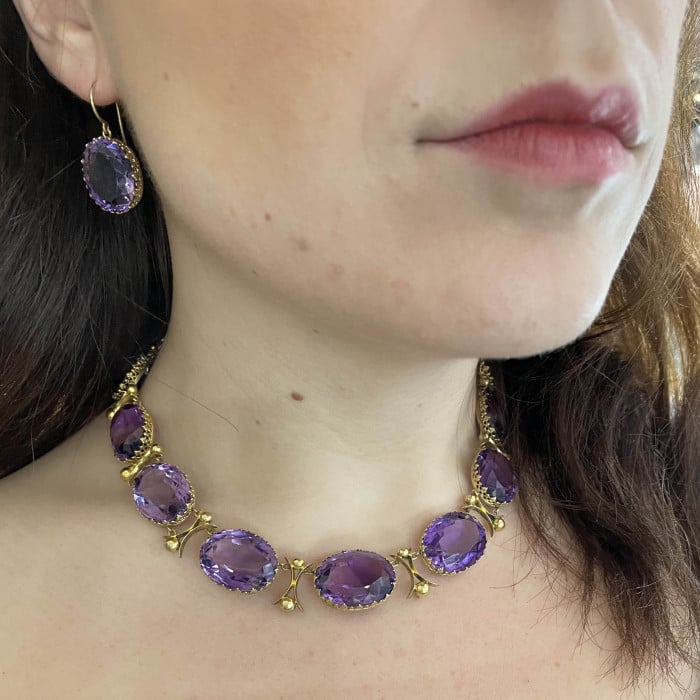 Antique Amethyst and Gold Riviére Necklace and Earrings Suite, Circa 1880