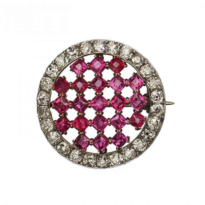 Antique Austrian Burma Ruby Diamond and Silver-Upon-Gold Chequerboard Brooch, Circa 1890