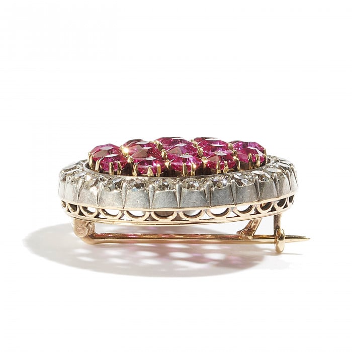 Antique Austrian Burma Ruby Diamond and Silver-Upon-Gold Chequerboard Brooch, Circa 1890