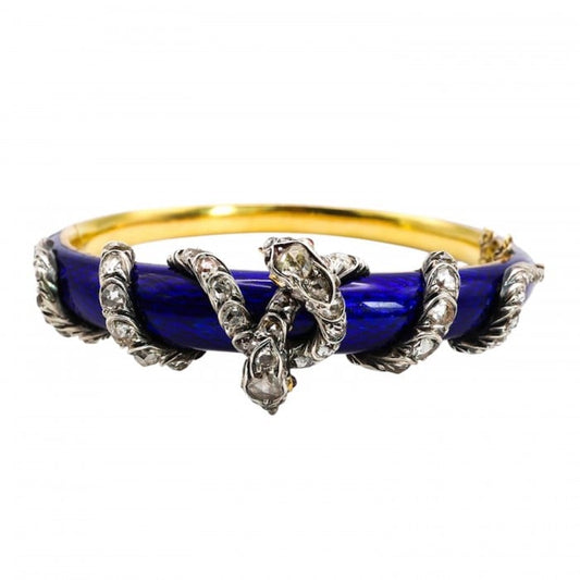 Antique Blue Enamel, Diamond, Ruby and Gold Snake Bangle, Circa 1850