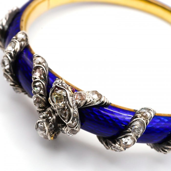 Antique Blue Enamel, Diamond, Ruby and Gold Snake Bangle, Circa 1850