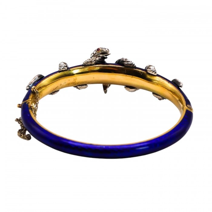 Antique Blue Enamel, Diamond, Ruby and Gold Snake Bangle, Circa 1850