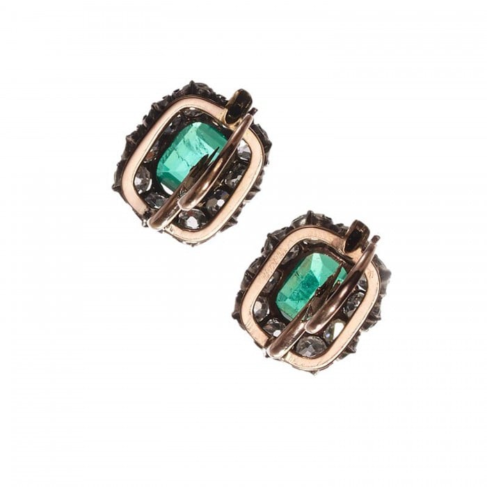 Antique Columbian Emerald Diamond and Silver Upon Gold Cluster Earrings, Circa 1890