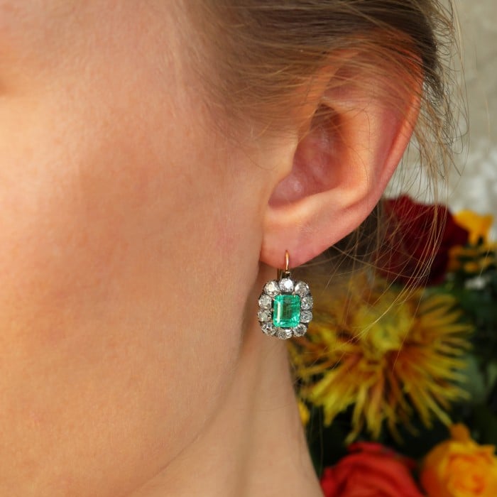 Antique Columbian Emerald Diamond and Silver Upon Gold Cluster Earrings, Circa 1890