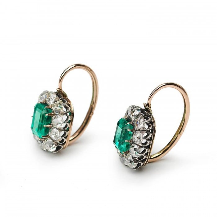 Antique Columbian Emerald Diamond and Silver Upon Gold Cluster Earrings, Circa 1890