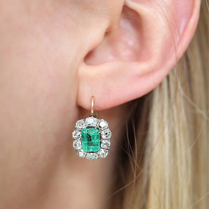 Antique Columbian Emerald Diamond and Silver Upon Gold Cluster Earrings, Circa 1890