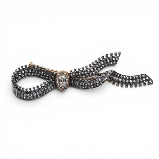 Antique Diamond and Silver Upon Gold Bow Brooch, Circa 1850