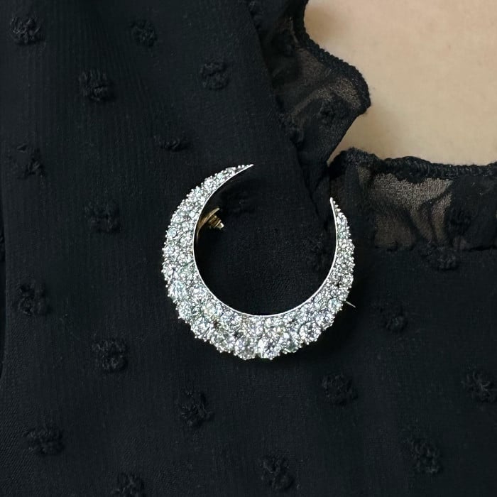 Antique Diamond and Silver Upon Gold Crescent Brooch, 4.00ct, Circa 1880