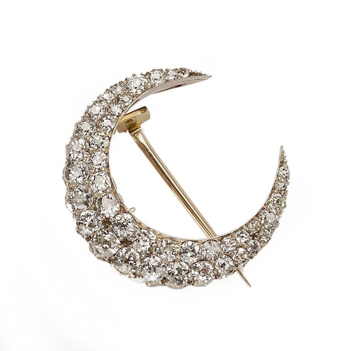 Antique Diamond and Silver Upon Gold Crescent Brooch, 4.00ct, Circa 1880