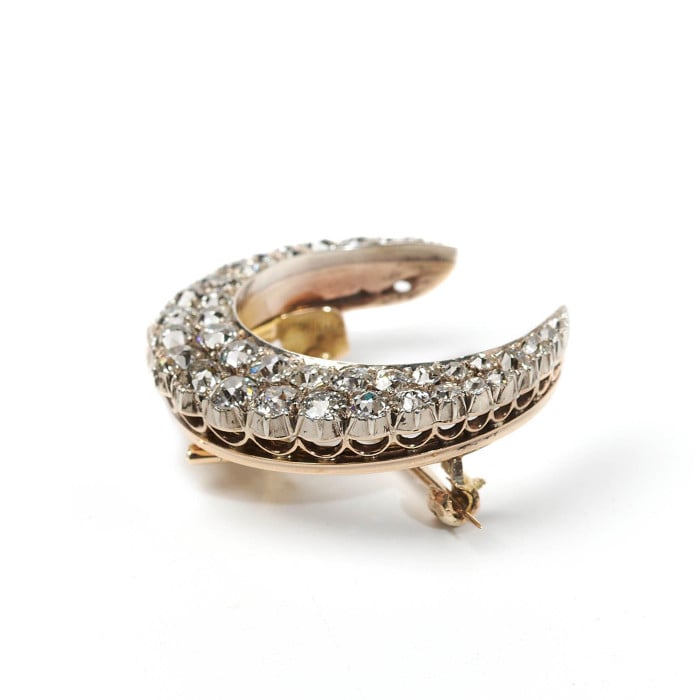Antique Diamond and Silver Upon Gold Crescent Brooch, 4.00ct, Circa 1880