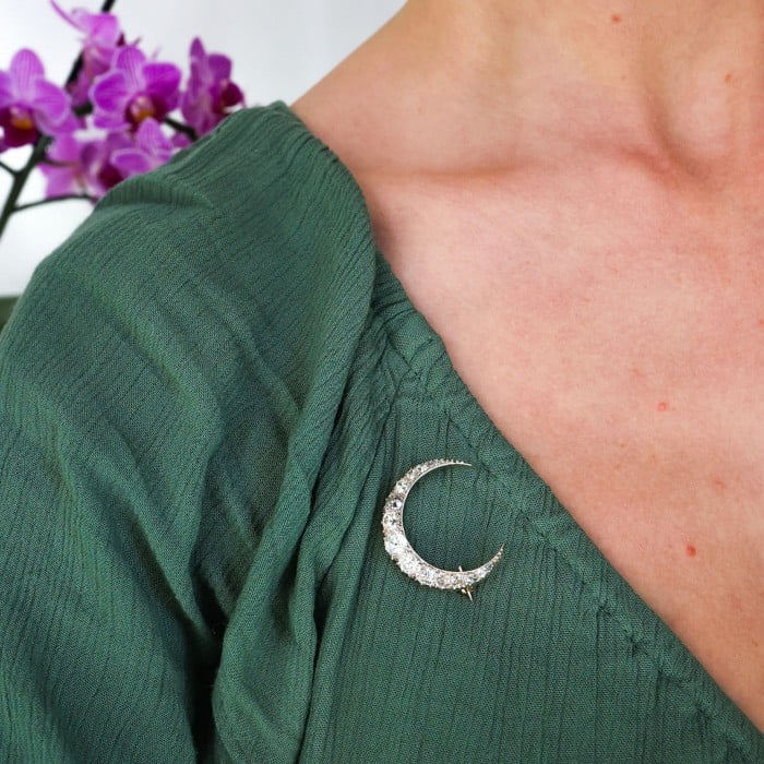 Antique Diamond and Silver Upon Gold Crescent Brooch, Circa 1890, 4.00 Carats