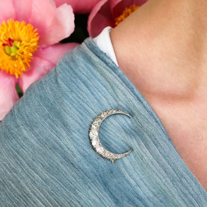 Antique Diamond and Silver Upon Gold Crescent Brooch, Circa 1890, 4.00 Carats