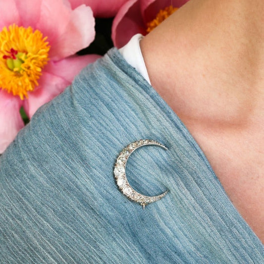 Antique Diamond and Silver Upon Gold Crescent Brooch, Circa 1890, 4.00 Carats