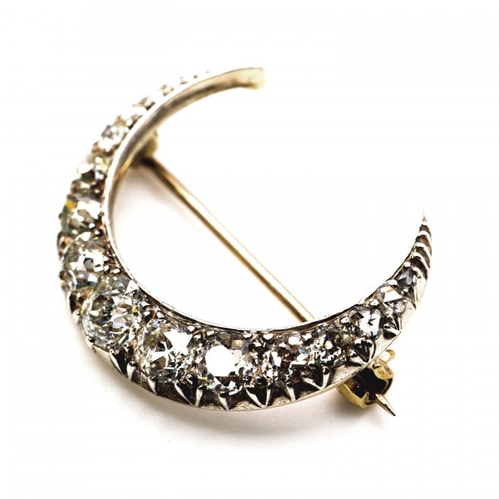 Antique Diamond and Silver Upon Gold Crescent Brooch, Circa 1890, 4.00 Carats