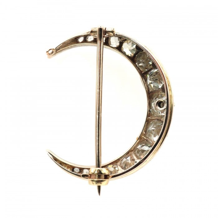 Antique Diamond and Silver Upon Gold Crescent Brooch, Circa 1890, 4.00 Carats