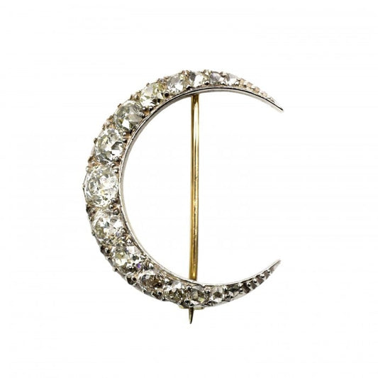 Antique Diamond and Silver Upon Gold Crescent Brooch, Circa 1890, 4.00 Carats