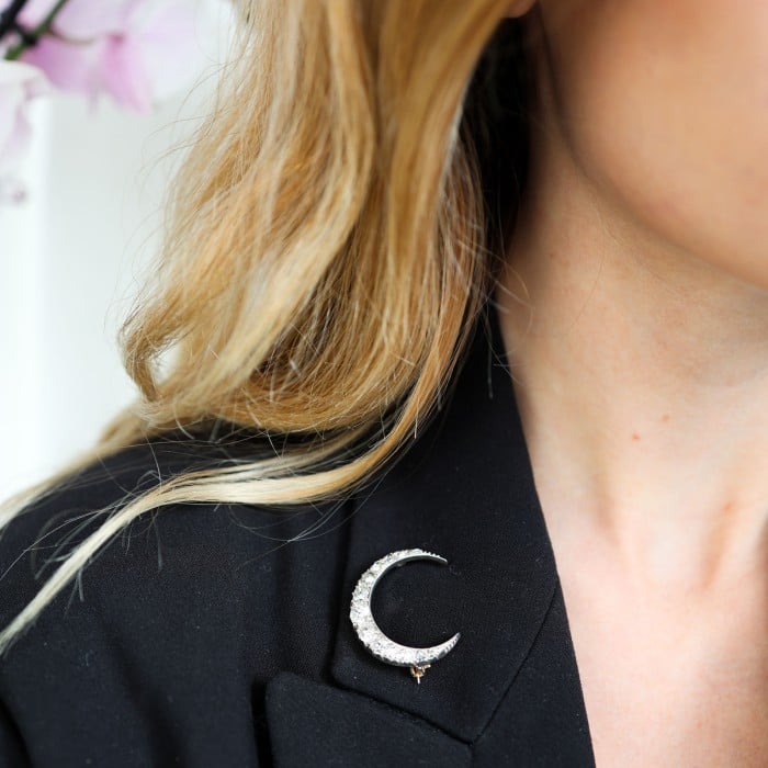 Antique Diamond and Silver Upon Gold Crescent Brooch, Circa 1890, 4.00 Carats