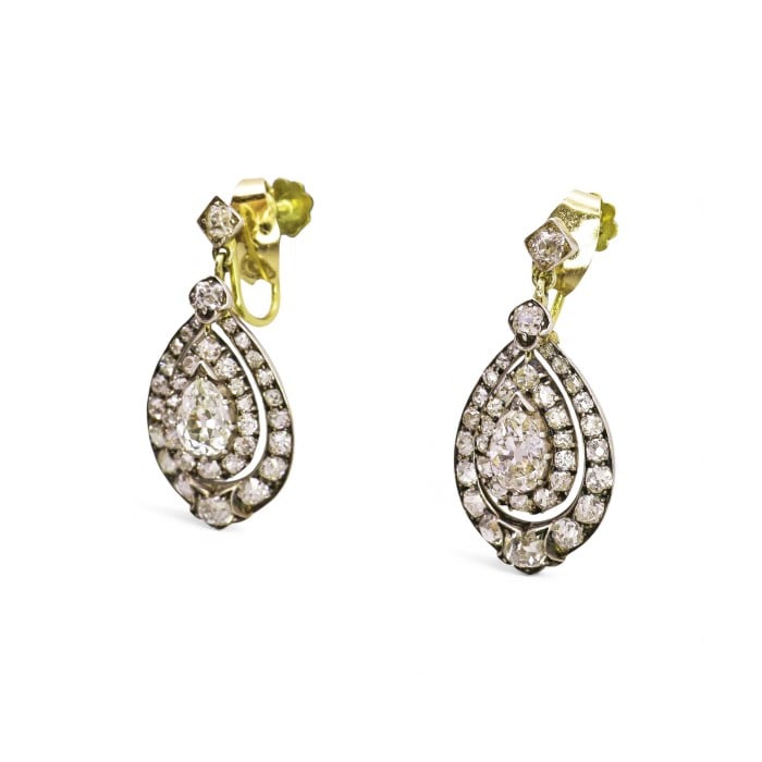 Antique Diamond and Silver Upon Gold Earrings, Circa 1870, Once Owned by Viscountess Gwladys Chaplin